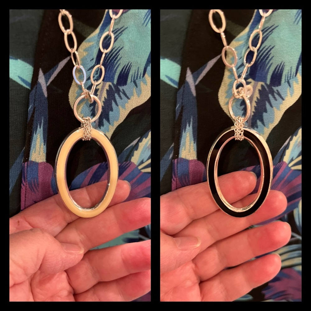 N196 Reversible Ebony/Ivory Oval on Shiny Silvertone Chain Toggle- no tarnish